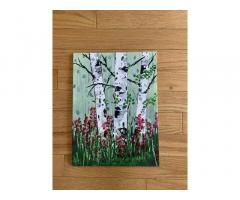 Birch Trees - Green Forest, Red Flowers